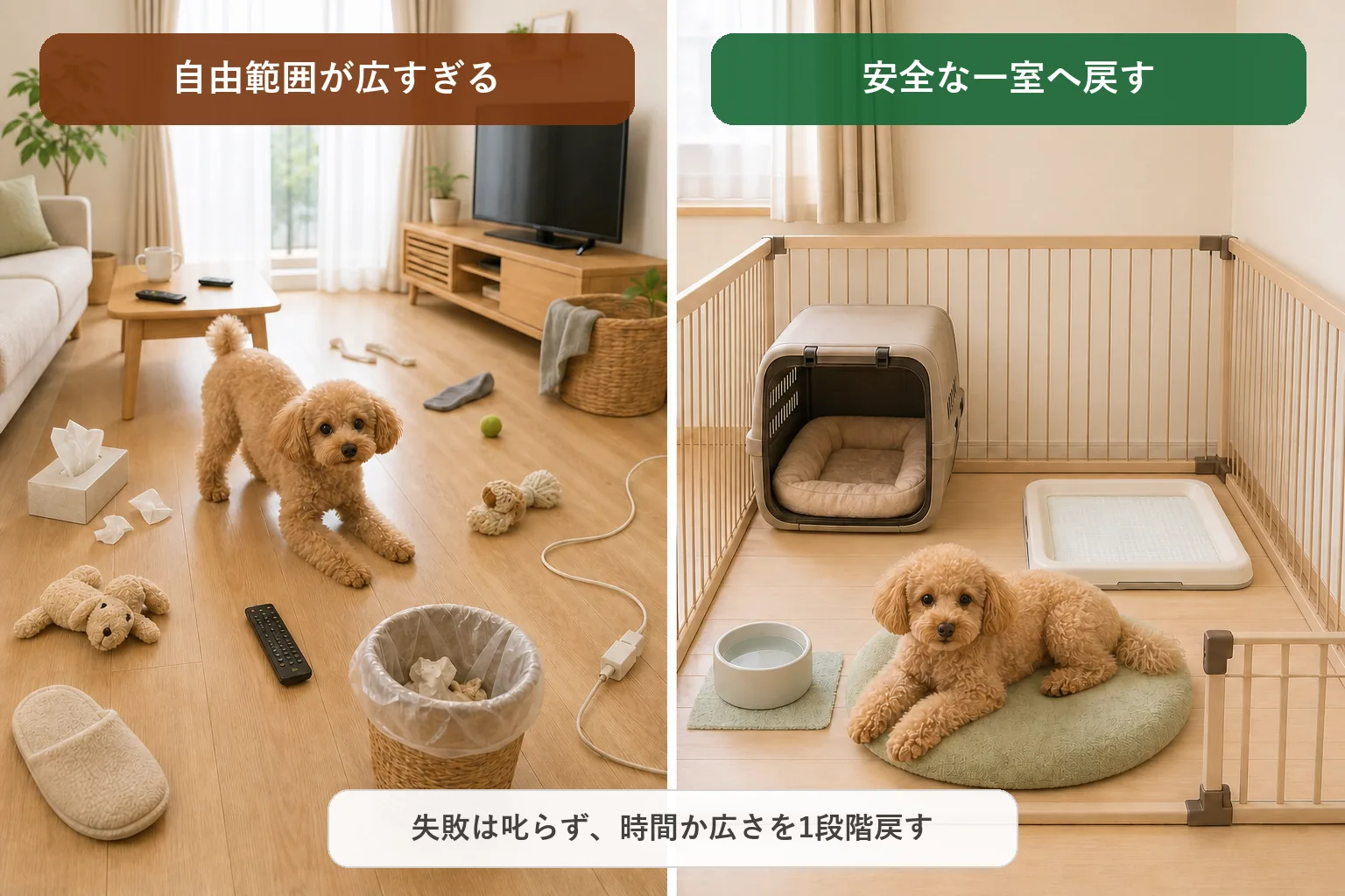 留守番フリーの広すぎる範囲と安全な一室を比較した配置イメージ