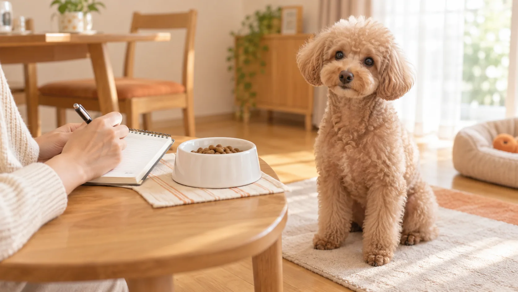 フードの器を前に便と食事の記録を付ける飼い主とトイプードルの確認イメージ