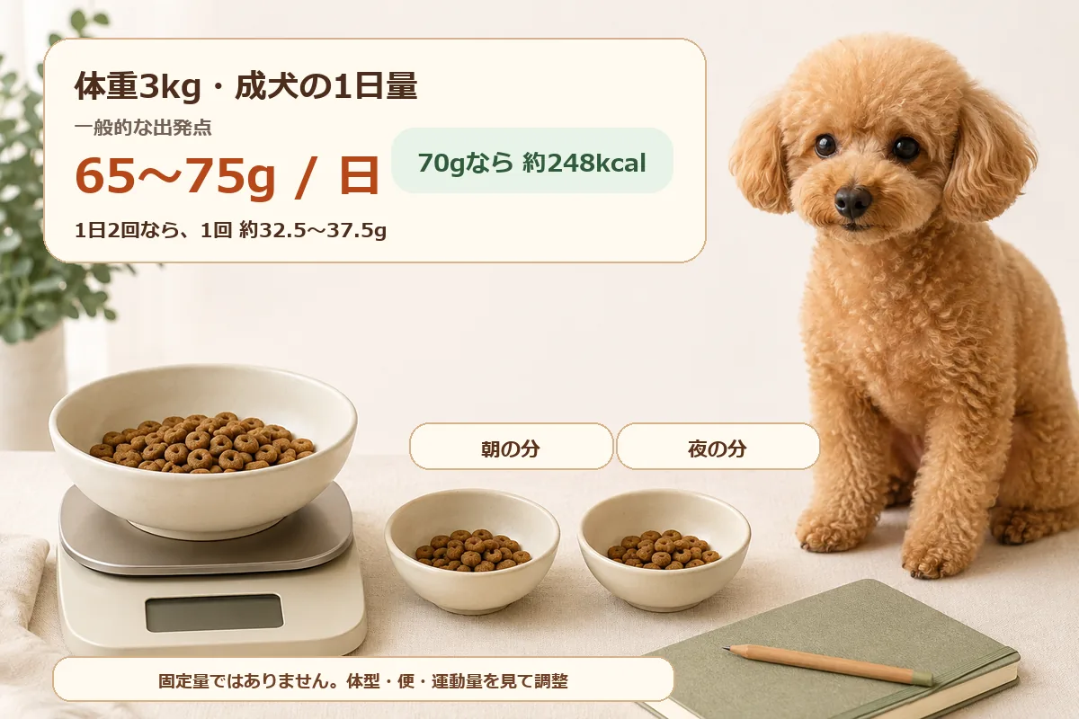 体重3kgの成犬で考えるモグワンの1日給与量の図解