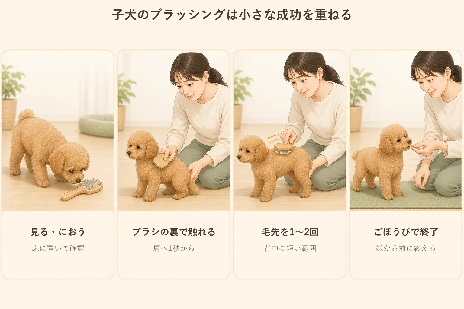 子犬のトイプードルがブラシを見る段階からごほうびで終えるまでを示した4段階の図解