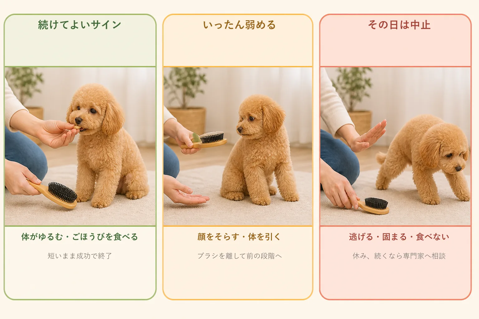 子犬のブラッシングで続けてよいサイン・弱めるサイン・中止するサインを比較した図解