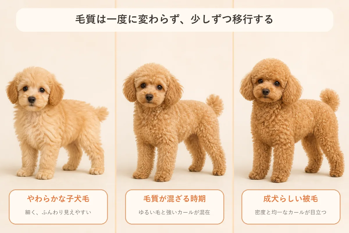 やわらかな子犬毛から毛質が混ざる時期を経て成犬らしい被毛へ移るトイプードルの図解