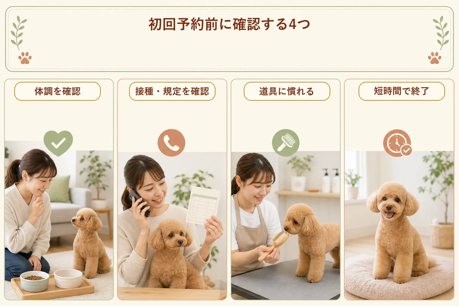 トイプードルの初回トリミング前に体調・接種とサロン規定・道具への慣らし・短時間終了を確認する図解