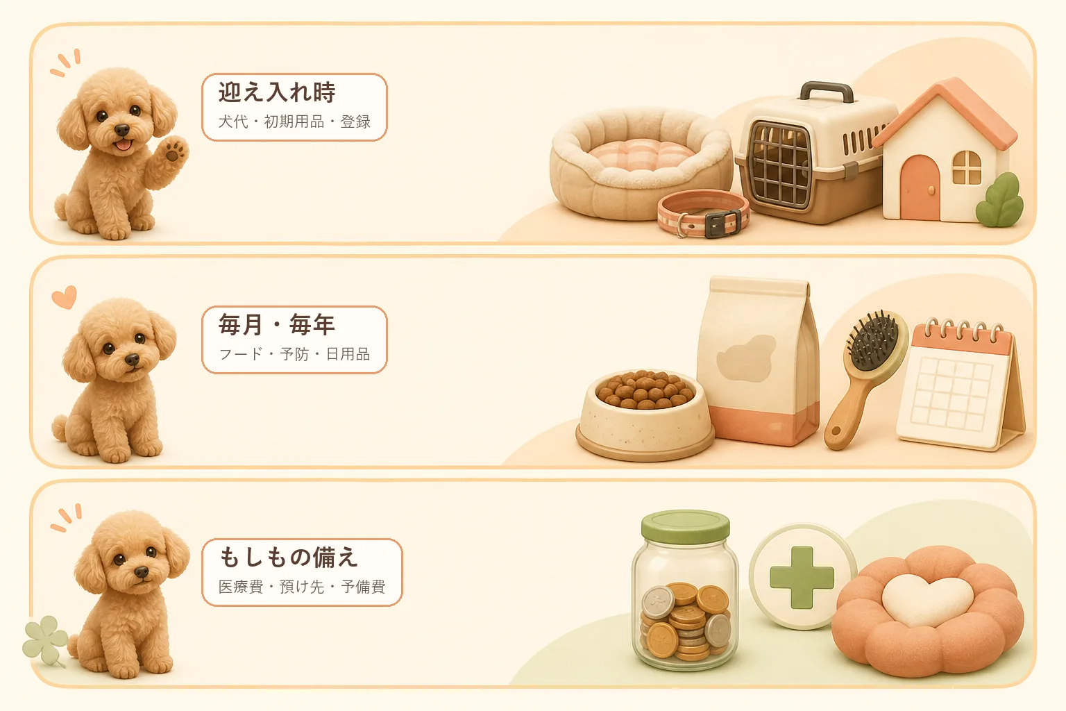 トイプードルを迎える費用を迎え入れ時・毎月毎年・もしもの備えに分ける図解