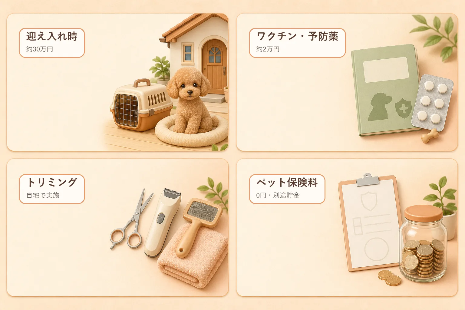 レオン家で把握している迎え入れ費用・予防費・自宅トリミング・保険料を整理した図解