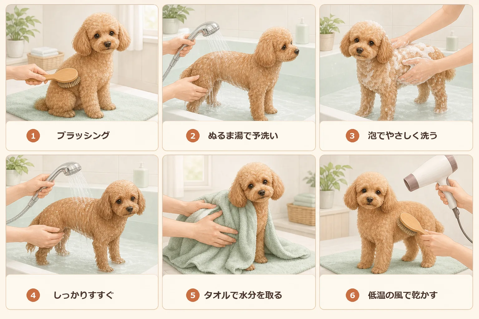 トイプードルを自宅で洗う6ステップを示した図解