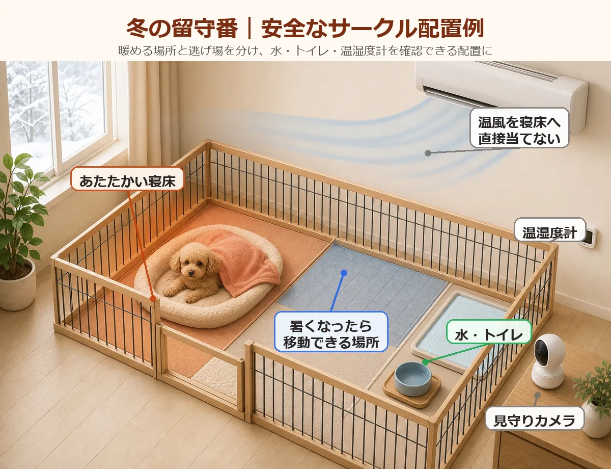 トイプードルの冬の留守番で暖かい寝床・逃げ場・水・トイレ・温湿度計・見守りカメラを分けた安全なサークル配置の図解